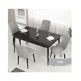 Canisa Lav Serisi 80x132 Siyah Mermer Desen Masa Takımı ve Gold Halkalı 4 Adet Gri Sandalye