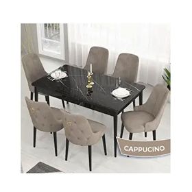 Canisa Lav Serisi 80x132 Siyah Mermer Desen Masa Takımı ve Gold Halkalı 6 Adet Cappucino Sandalye