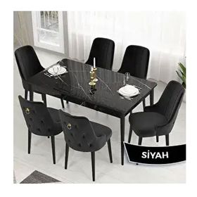 Canisa Lav Serisi 80x132 Siyah Mermer Desen Masa Takımı ve Gold Halkalı 6 Adet Siyah Sandalye