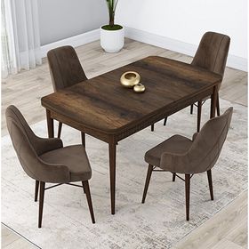 Canisa Lia Serisi 4 Sandalye Kahverengi 80x132 Açılabilir Barok Ahşap Desen Mutfak Masa Takımı