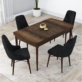 Canisa Lia Serisi 4 Sandalye Siyah 80x132 Açılabilir Barok Ahşap Desen Mutfak Masa Takımı