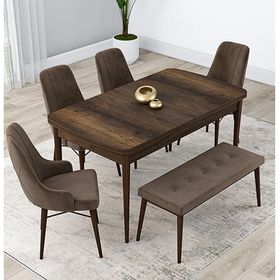 Canisa Lia Serisi 4 Sandalye ve 1 Bench Kahverengi 80x132 Açılabilir Barok Ahşap Desen Mutfak Masa Takımı