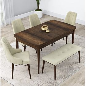 Canisa Lia Serisi 4 Sandalye ve 1 Bench Krem 80x132 Açılabilir Barok Ahşap Desen Mutfak Masa Takımı