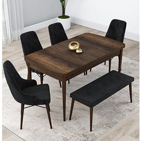 Canisa Lia Serisi 4 Sandalye ve 1 Bench Siyah 80x132 Açılabilir Barok Ahşap Desen Mutfak Masa Takımı