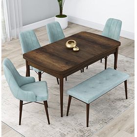 Canisa Lia Serisi 4 Sandalye ve 1 Bench Su Yeşili 80x132 Açılabilir Barok Ahşap Desen Mutfak Masa Takımı