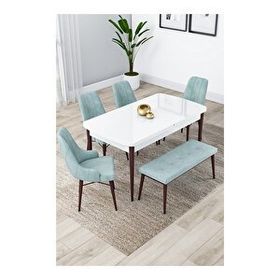 Canisa Lia Serisi 4 Sandalye ve 1 Bench Su Yeşili 80x132 Açılabilir Beyaz Masa Ceviz Ayak Mutfak Masası Takımı