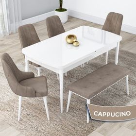 Canisa Lia Serisi 80x132 cm Açılabilir Beyaz Masa 4 Sandalye Cappucino Mutfak Masa Takımı