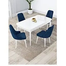 Canisa Lia Serisi 80x132 cm Açılabilir Beyaz Masa 4 Sandalye Lacivert Mutfak Masası Takımı