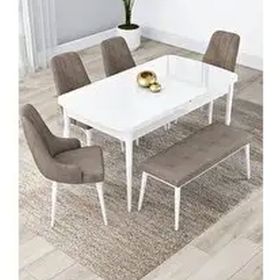 Canisa Lia Serisi 80x132 cm Açılabilir Beyaz Masa 4 Sandalye ve 1 Bench Cappucino Mutfak Masası Takımı