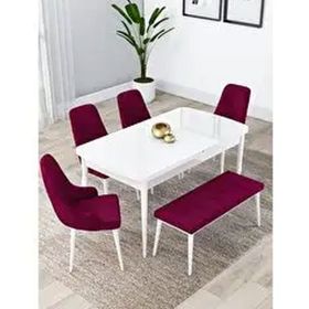 Canisa Lia Serisi 80x132 cm Açılabilir Beyaz Masa 4 Sandalye ve 1 Bench Mürdüm Mutfak Masası Takımı