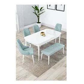 Canisa Lia Serisi 80x132 cm Açılabilir Beyaz Masa 4 Sandalye ve 1 Bench Su Yeşili Mutfak Masası Takımı