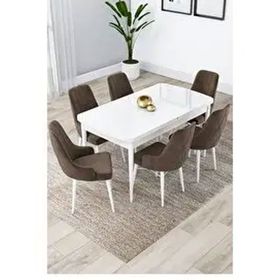 Canisa Lia Serisi 80x132 cm Açılabilir Beyaz Masa 6 Sandalye Kahverengi Mutfak Masası Takımı