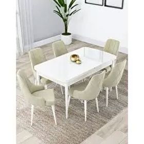 Canisa Lia Serisi 80x132 cm Açılabilir Beyaz Masa 6 Sandalye Krem Mutfak Masası Takımı