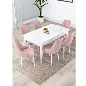 Canisa Lia Serisi 80x132 cm Açılabilir Beyaz Masa 6 Sandalye Pembe Mutfak Masası Takımı
