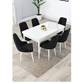 Canisa Lia Serisi 80x132 cm Açılabilir Beyaz Masa 6 Sandalye Siyah Mutfak Masası Takımı