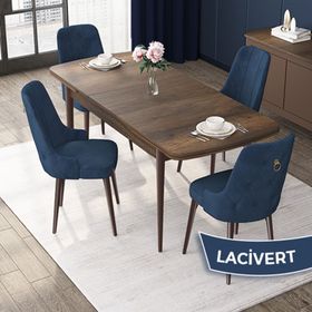 Canisa Lia Serisi 80x132 cm Açılabilir Beyaz Mermer Desen 4 Sandalye Lacivert Mutfak Masası Takımı