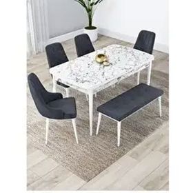 Canisa Lia Serisi 80x132 cm Açılabilir Beyaz Mermer Desen 4 Sandalye ve 1 Bench Antrasit Mutfak Masası Takımı
