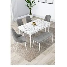Canisa Lia Serisi 80x132 cm Açılabilir Beyaz Mermer Desen 4 Sandalye ve 1 Bench Gri Mutfak Masası Takımı