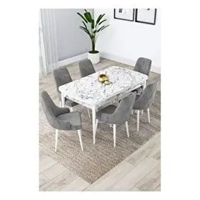 Canisa Lia Serisi 80x132 cm Açılabilir Beyaz Mermer Desen 6 Sandalye Gri Mutfak Masası Takımı