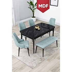 Canisa Lia Serisi 80x132 cm Açılabilir Siyah Mermer Desen 4 Sandalye ve 1 Bench Su Yeşili Mutfak Masası Takımı