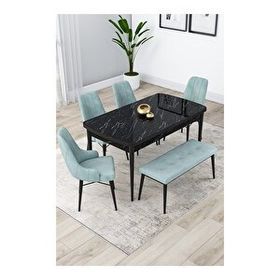Canisa Lia Serisi 80x132 cm Açılabilir Siyah Mermer Desen 4 Sandalye ve 1 Bench Su Yeşili Mutfak Masası Takımı