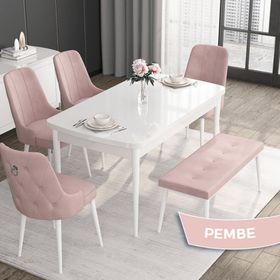 Canisa Lia Serisi 80x132 cm Açılabilir Siyah Mermer Desen 6 Sandalye Pembe Mutfak Masası Takımı