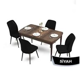 Canisa Mun Serisi 80x132 Açılabilir Mdf Barok Ahşap Desen Masa Takımı ve 4 Adet Siyah Sandalye