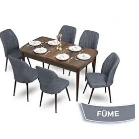 Canisa Mun Serisi 80x132 Açılabilir Mdf Barok Ahşap Desen Masa Takımı ve 6 Adet Füme Sandalye