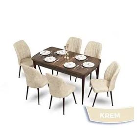 Canisa Mun Serisi 80x132 Açılabilir Mdf Barok Ahşap Desen Masa Takımı ve 6 Adet Krem Sandalye