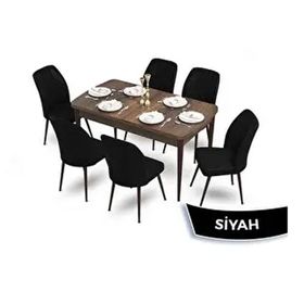 Canisa Mun Serisi 80x132 Açılabilir Mdf Barok Ahşap Desen Masa Takımı ve 6 Adet Siyah Sandalye