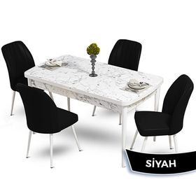 Canisa Mun Serisi 80x132 Açılabilir Mdf Beyaz Mermer Desen Masa Takımı ve 4 Adet Siyah Sandalye