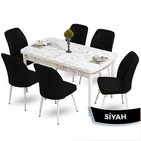 Canisa Mun Serisi 80x132 Açılabilir Mdf Beyaz Mermer Desen Masa Takımı ve 6 Adet Siyah Sandalye