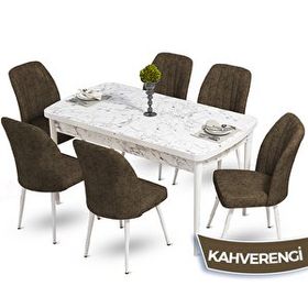 Canisa Mun Serisi 80x132 cm Açılabilir Mdf Beyaz Mermer Desen 6 Kahverengi Sandalye Masa Takımı
