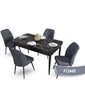 Canisa Mun Serisi 80x132 cm Açılabilir Mdf Siyah Mermer Desen 4 Füme Sandalye Masa Takımı