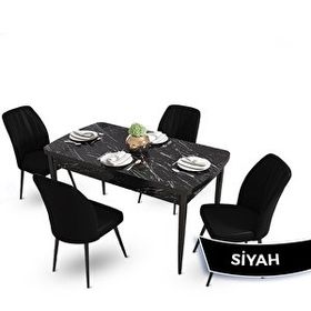 Canisa Mun Serisi 80x132 cm Açılabilir Mdf Siyah Mermer Desen 4 Siyah Sandalye Masa Takımı