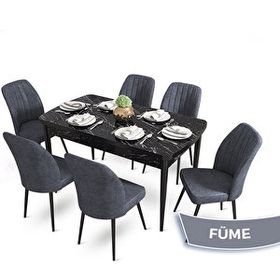 Canisa Mun Serisi 80x132 cm Açılabilir Mdf Siyah Mermer Desen 6 Füme Sandalye Masa Takımı