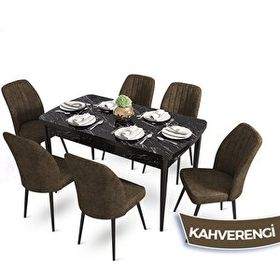 Canisa Mun Serisi 80x132 cm Açılabilir Mdf Siyah Mermer Desen 6 Kahverengi Sandalye Masa Takımı