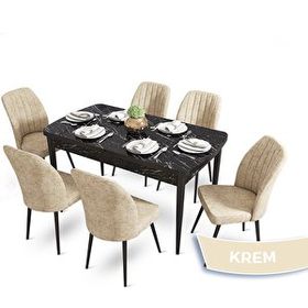 Canisa Mun Serisi 80x132 cm Açılabilir Mdf Siyah Mermer Desen 6 Krem Sandalye Masa Takımı