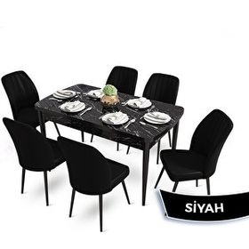 Canisa Mun Serisi 80x132 cm Açılabilir Mdf Siyah Mermer Desen 6 Siyah Sandalye Masa Takımı