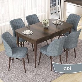 Canisa Nef Serisi 70x114 cm Açılabilir Mdf Barok Ahşap Desen 6 Gri Sandalye Masa Takımı