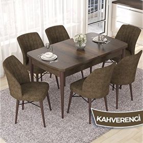 Canisa Nef Serisi 70x114 cm Açılabilir Mdf Barok Ahşap Desen 6 Kahverengi Sandalye Masa Takımı