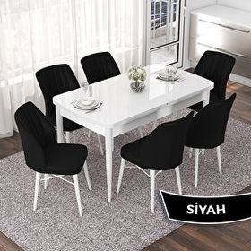Canisa Nef Serisi 70x114 cm Açılabilir Mdf Beyaz 6 Siyah Sandalye Masa Takımı