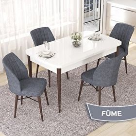Canisa Nef Serisi 70x114 cm Açılabilir Mdf Beyaz Ceviz Ayak 4 Füme Sandalye Masa Takımı