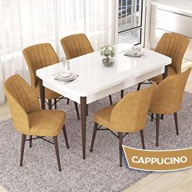 Canisa Nef Serisi 70x114 cm Açılabilir Mdf Beyaz Ceviz Ayak 6 Cappucino Sandalye Masa Takımı