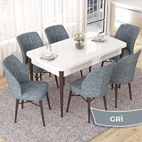 Canisa Nef Serisi 70x114 cm Açılabilir Mdf Beyaz Ceviz Ayak 6 Gri Sandalye Masa Takımı