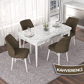 Canisa Nef Serisi 70x114 cm Açılabilir Mdf Beyaz Mermer Desen 4 Kahverengi Sandalye Masa Takımı
