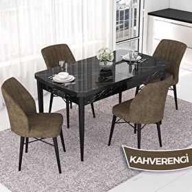 Canisa Nef Serisi 70x114 cm Açılabilir Mdf Siyah Mermer Desen 4 Kahverengi Sandalye Masa Takımı