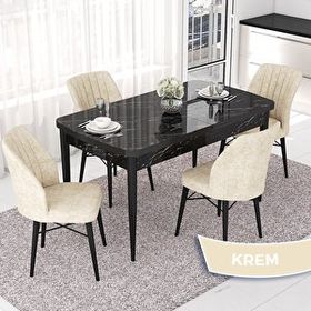 Canisa Nef Serisi 70x114 cm Açılabilir Mdf Siyah Mermer Desen 4 Krem Sandalye Masa Takımı