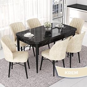 Canisa Nef Serisi 70x114 cm Açılabilir Mdf Siyah Mermer Desen 6 Krem Sandalye Masa Takımı