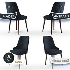 Canisa Newa Serisi 4 Adet 1. Sınıf Babyface Kumaş Beyaz Metal Ayaklı Gold Halkalı Antrasit Sandalye
